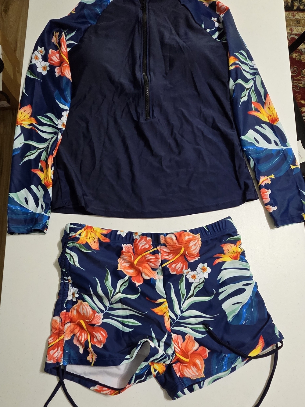 Navy Floral Women’s Swim Coverup Set - Long Sleeve Rash Guard & Shorts